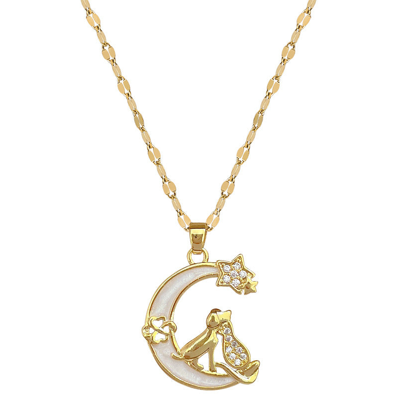 Minimalist Moon-Shaped Titanium Steel Necklace with Zircon Inlay for Women and Men, Delicate Clavicle Chain