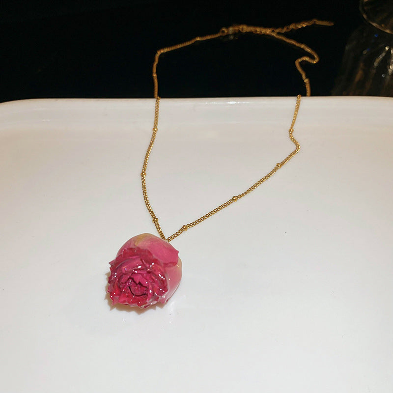 Set collana e orecchini Sweet Floral in acciaio inossidabile con rosa essiccata per donna, con ciondolo in rame e finitura placcata