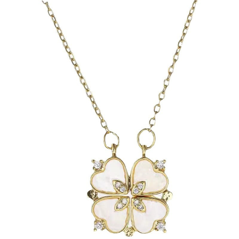 Original Design Clover and Heart Pendant Necklace in Titanium Steel with Plated Finish for Women and Men, Adjustable O-Chain Locket Style Collar Necklace