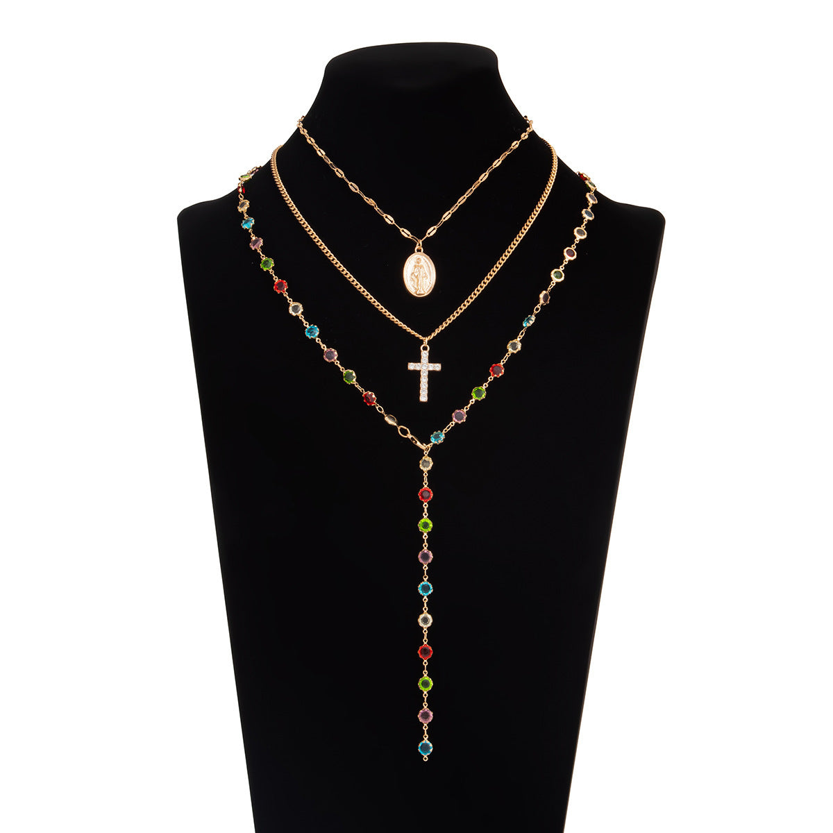 Collar casual chapado en aleación con diseño floral geométrico de corazón y cruz, con incrustaciones de cristal y estrás para mujer