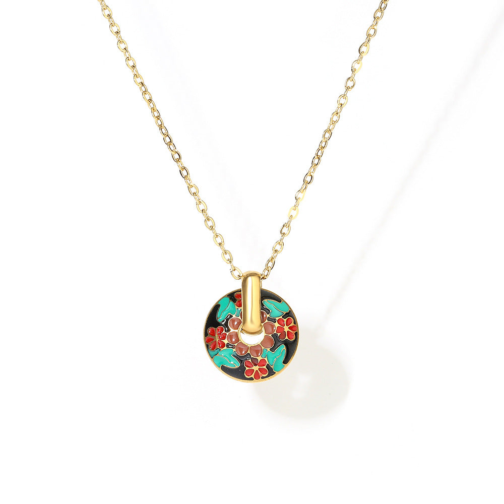 Minimalist Floral Geometric Pendant Necklace for Women in Titanium Steel with Enamel Finish