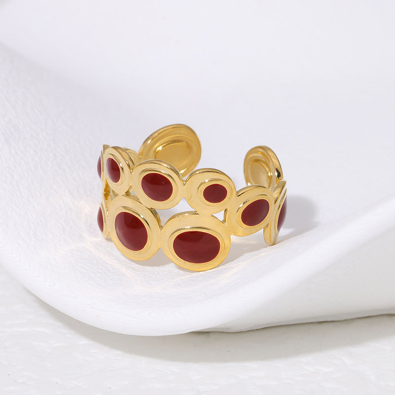 Anello aperto geometrico vintage in acciaio al titanio placcato oro 18 carati con vuoto, di lusso, da donna