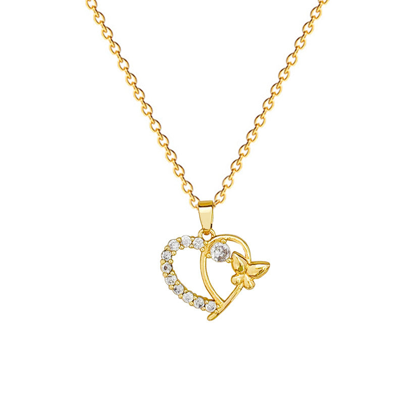 Geometric Heart Butterfly Pendant Necklace for Women in Titanium Steel with Micro-Pave Rhinestone Accents, Minimalist Fresh and Sweet Style Clavicle Chain