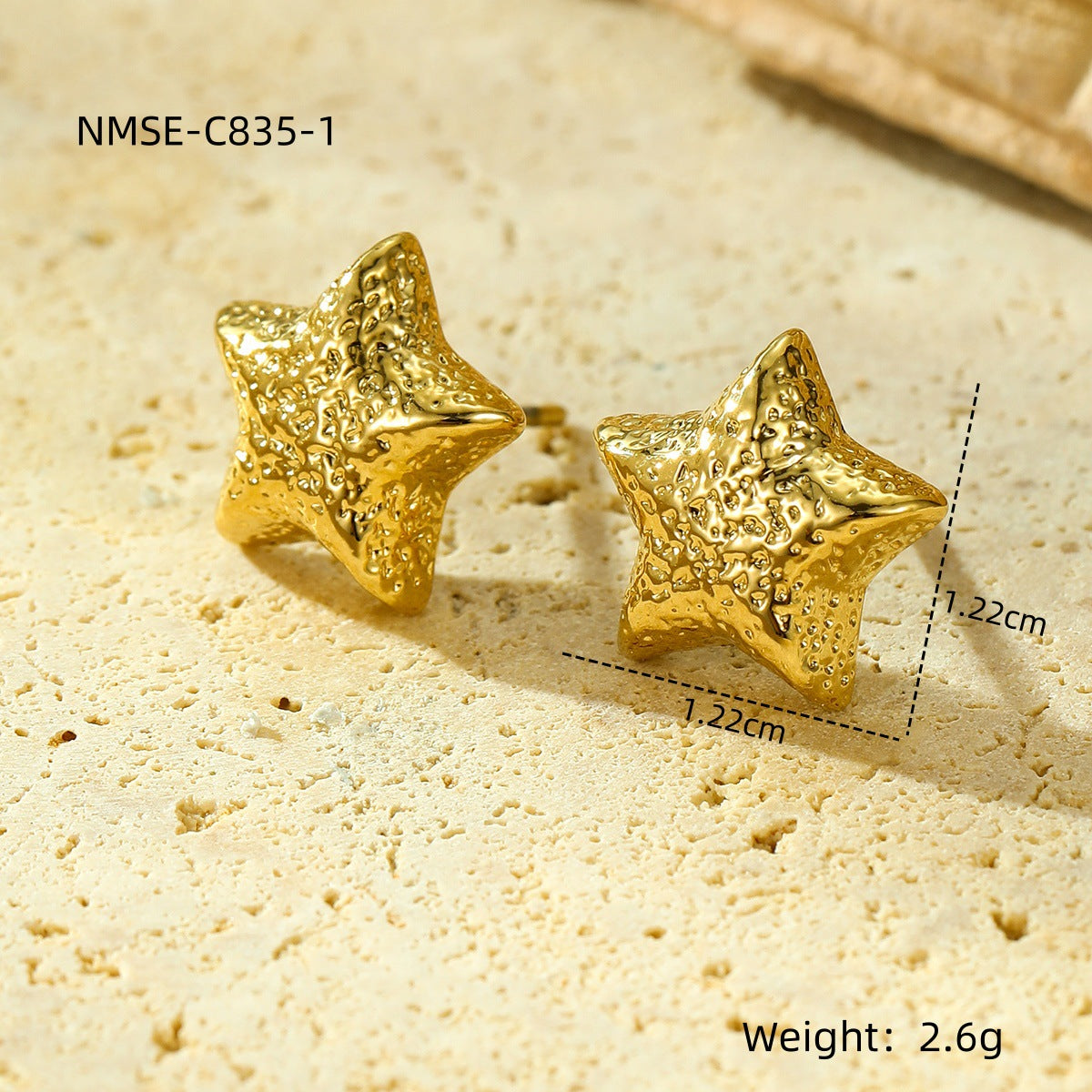 Vintage Style Star-Shaped Stainless Steel Earrings with Hammered Texture and Gold Plating for Women