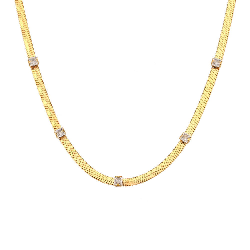 Minimalist Geometric Stainless Steel Plated Necklace for Women with Blade Chain and Clear Zirconia