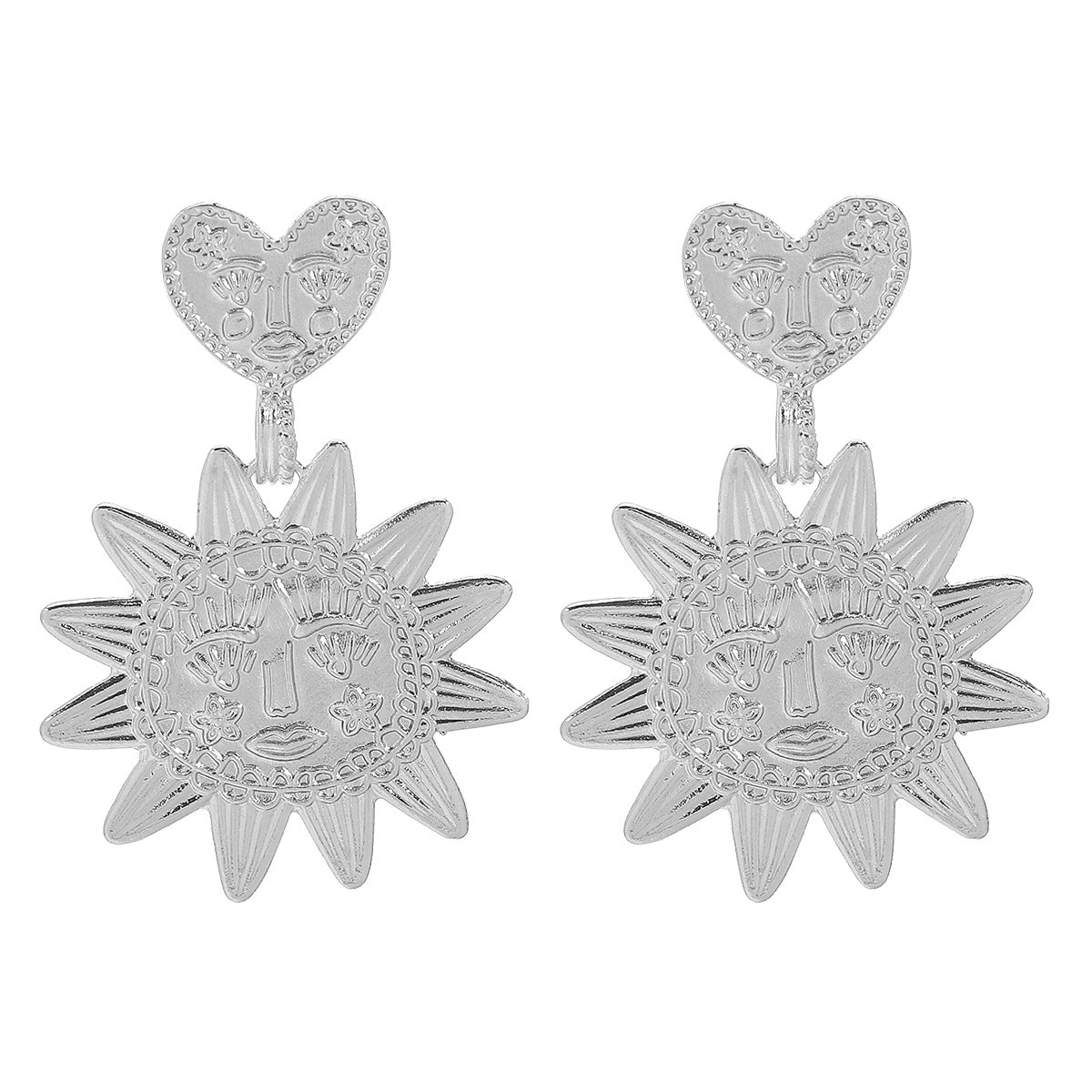 Orecchini da donna minimalisti in lega di zinco a forma di sole e cuore con finitura placcata