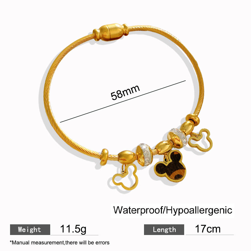 Minimalist Luxury Hollow Mickey Cartoon Leather Titanium Steel Bracelet Gold Plated