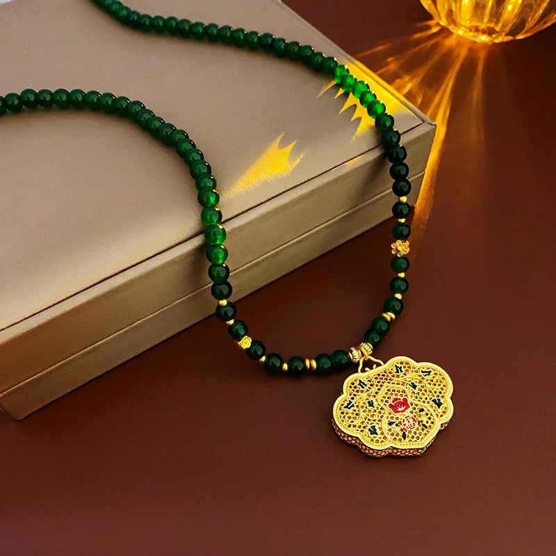 Vintage Floral and Geometric Alloy Pendant Necklace with Lucky Lock and Lotus Motif for Women