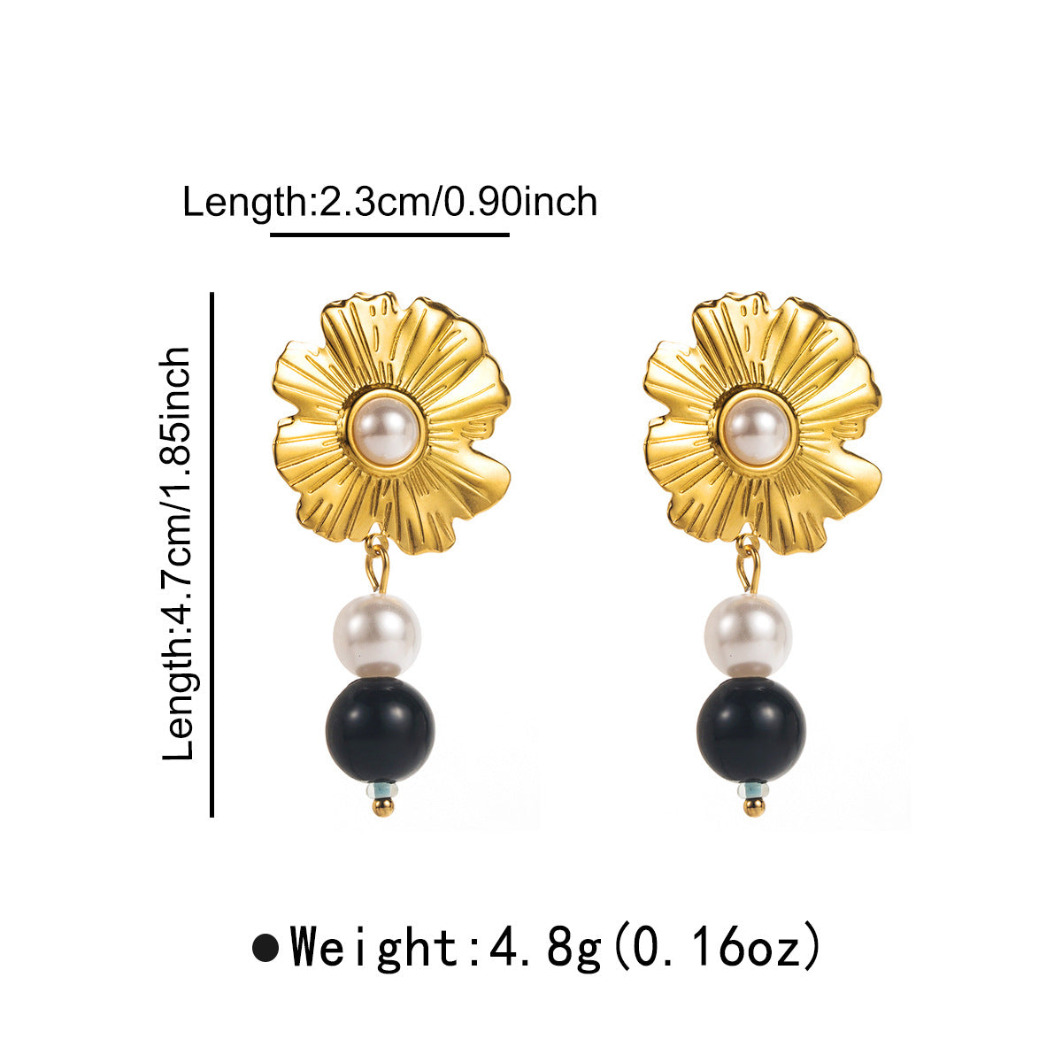 Aretes de acero inoxidable con diseño floral y de conchas marinas para mujer, con detalles de perlas de imitación y baño de oro de 14 quilates