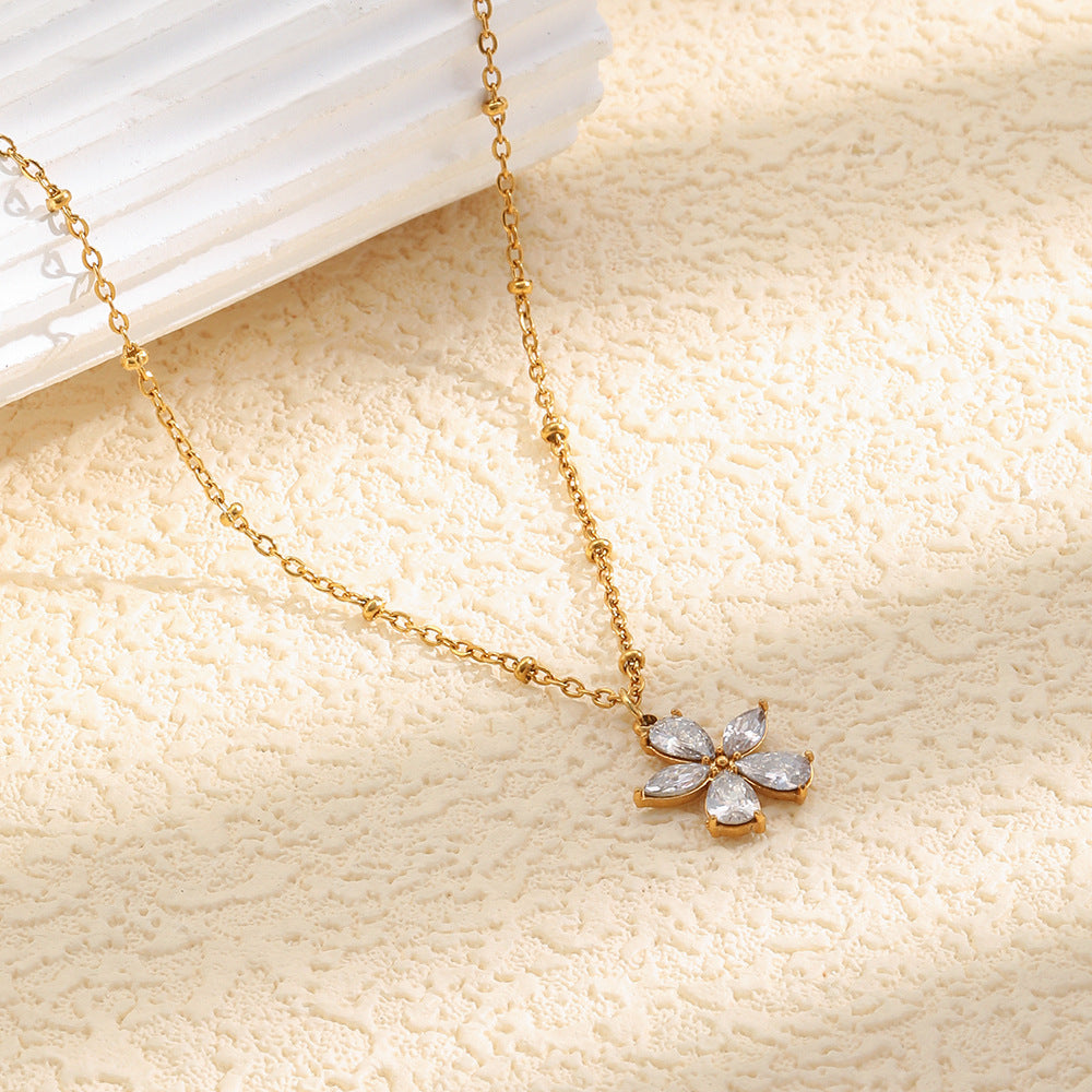 Elegant Luxury Floral Stainless Steel Plated Necklace with Cubic Zirconia Ball Chain for Women