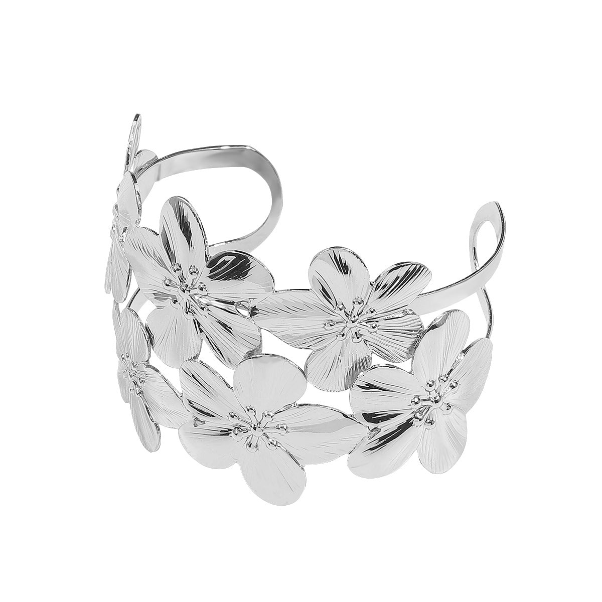 Elegante bracciale floreale a due livelli con apertura regolabile e fascia larga effetto metallo da donna
