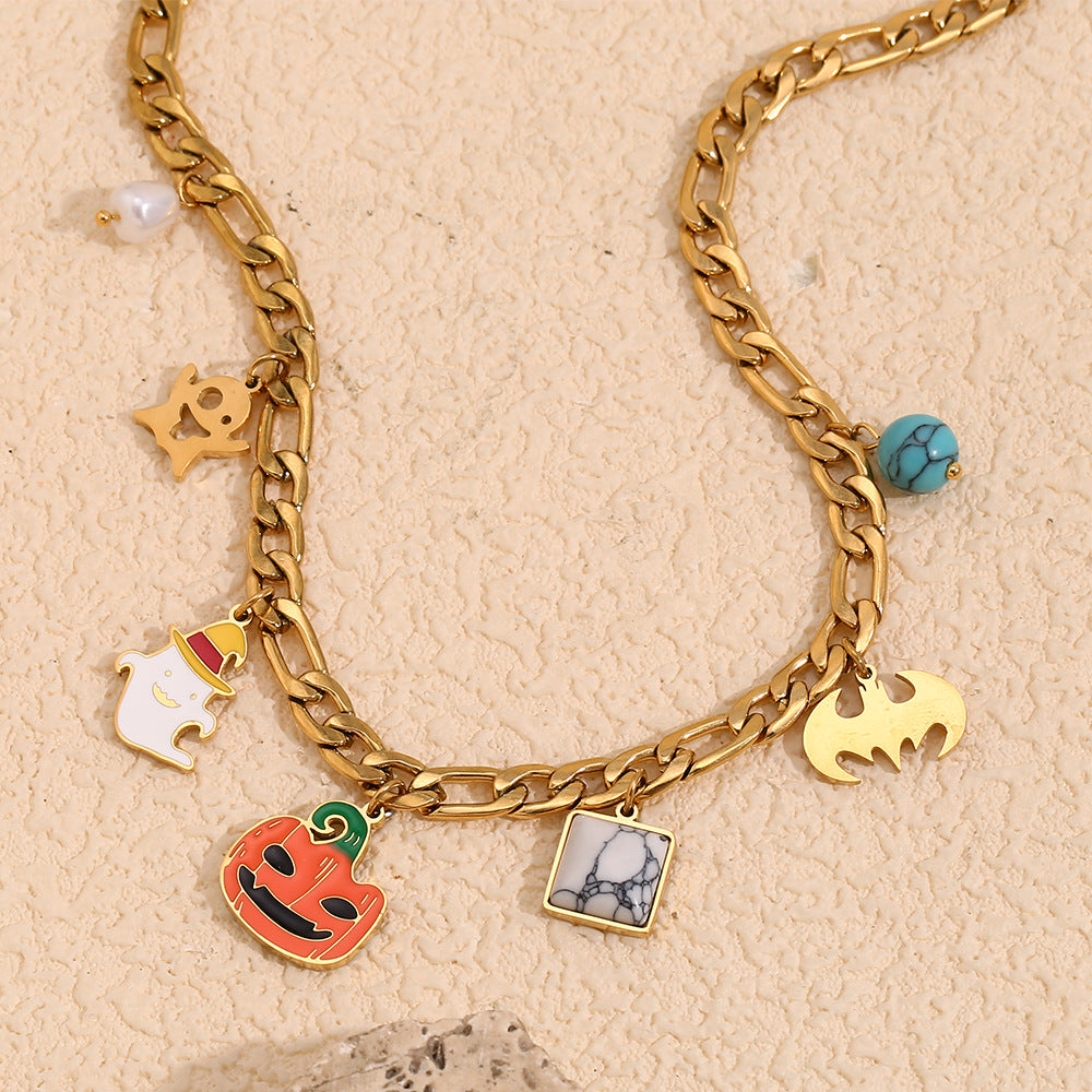 Cartoon Pumpkin Skull Pendant Necklace for Women Stainless Steel with 18K Gold Plating Halloween Themed Fashion Accessory