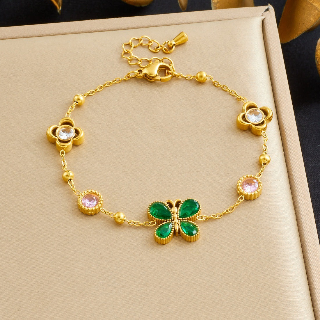 Gold Plated Stainless Steel Butterfly Flower Round Rhinestone Bracelet for Women