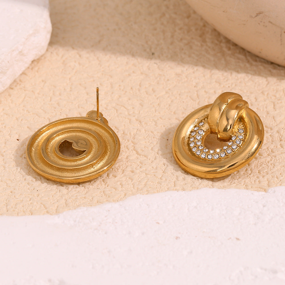 Vintage Elegant 18K Gold Plated Stainless Steel Round Geometric Rhinestone Stud Earrings for Women