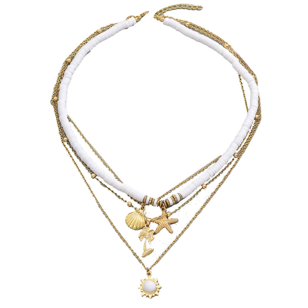 Collar colgante de estrella de mar y concha geométrica de aleación de zinc con cadena de clavícula multicapa tejida a mano para mujer