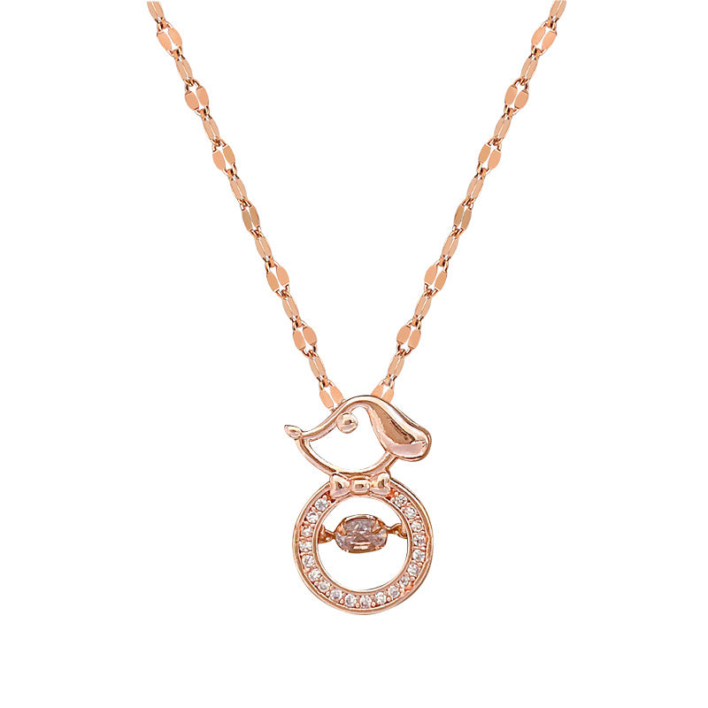 Minimalist Dog-Shaped Pendant Necklace in Titanium Steel with Rhinestone Inlay for Women and Men, Adjustable Locket Chain