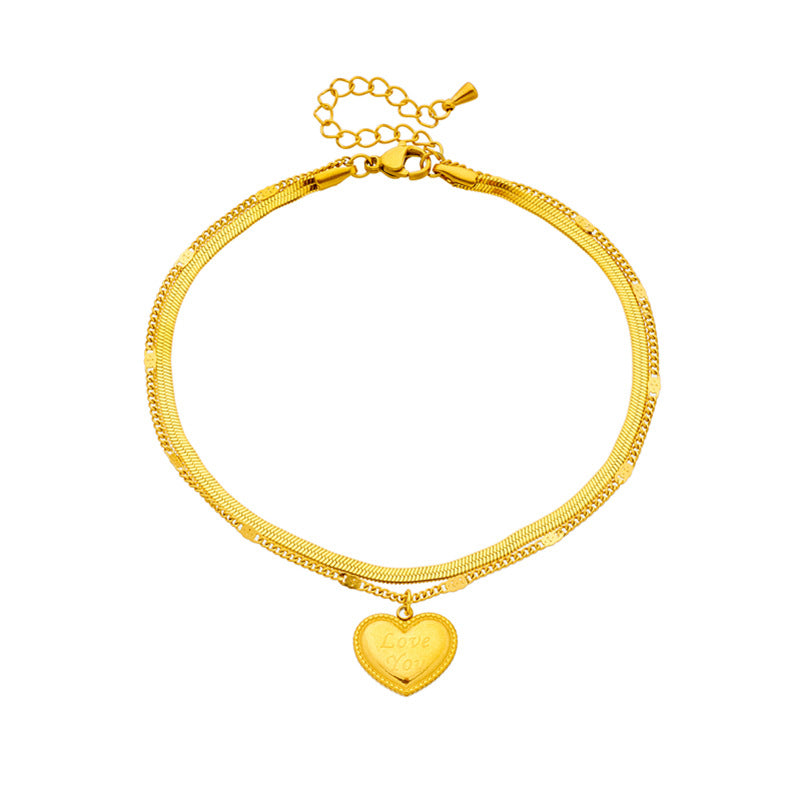 Cavigliera minimalista vintage a doppio strato in acciaio al titanio a forma di cuore con lettere incise