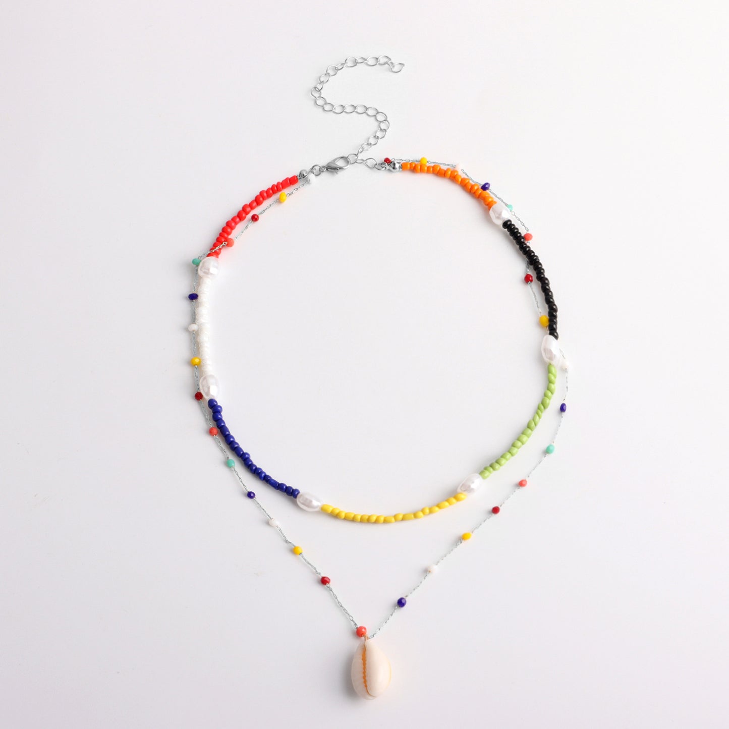 Minimalist Geometric Beaded Shell Pendant Necklace for Women with Pearl and Colorful Beads on Ball Chain