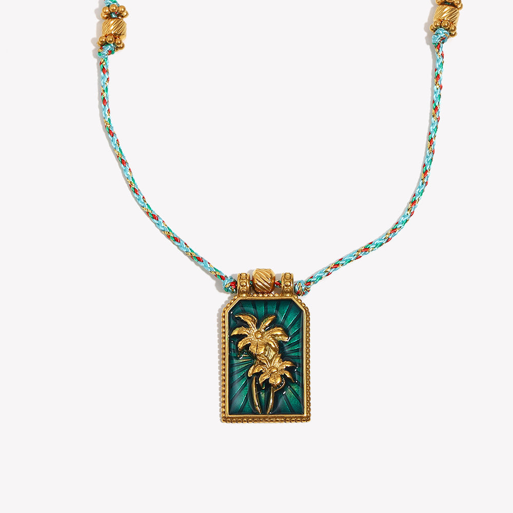 Minimalist Geometric Stainless Steel Plated 18K Gold Coconut Tree Tarot Pendant Necklace for Women with Enamel Detail and Colorful Braided Cord
