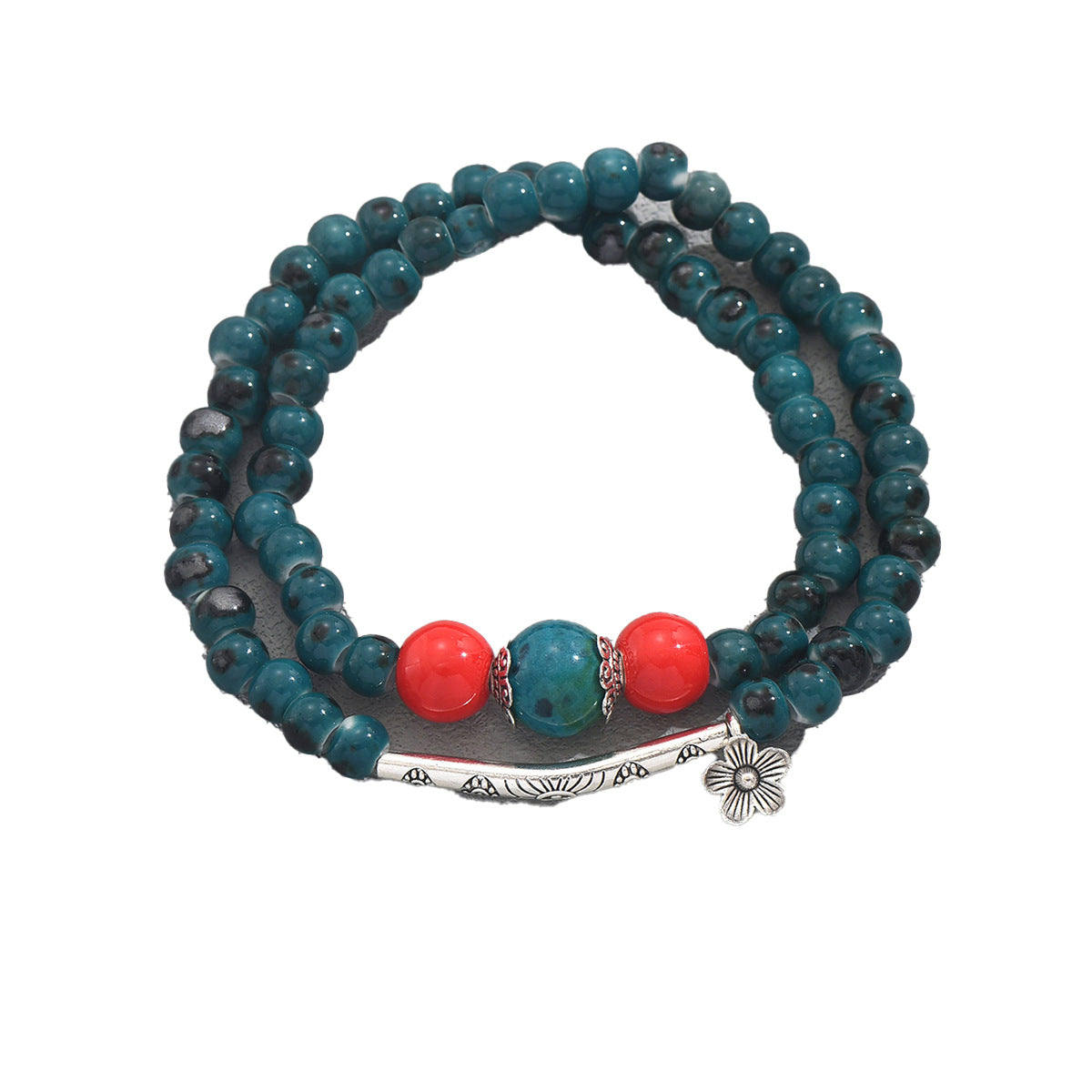 Bracciale Unisex Geometria Floreale Stile Vintage con Perle in Pietra e Gemme Artificiali Intarsiate in Lega