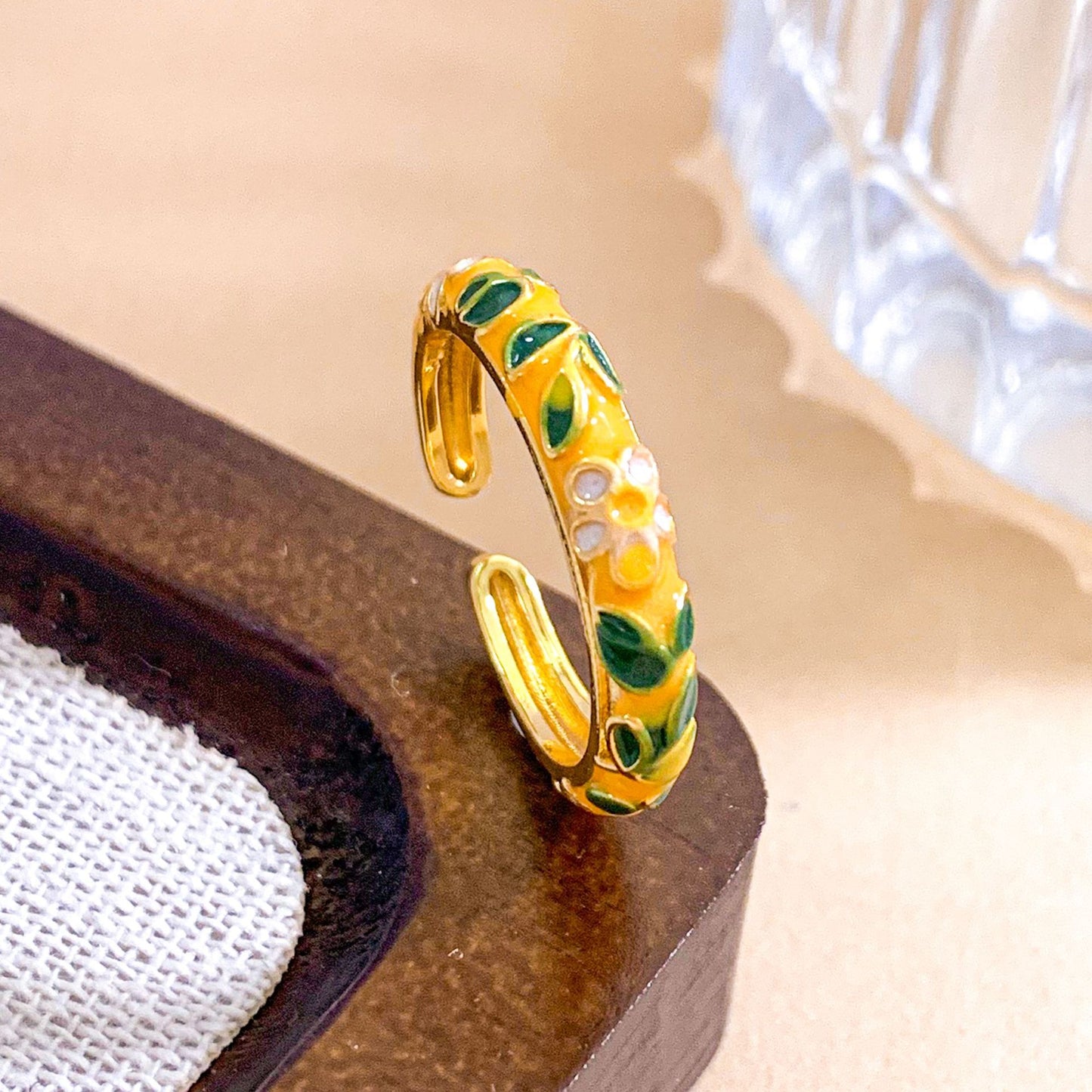 Vintage Sweet Floral Enamel Gold Plated Brass Ring for Women