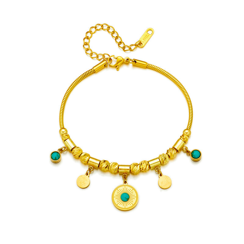 Pulsera geométrica de lujo minimalista vintage de acero de titanio con colgante redondo de turquesa para mujer, diseño inspirado hecho a mano para uso elegante en la oficina