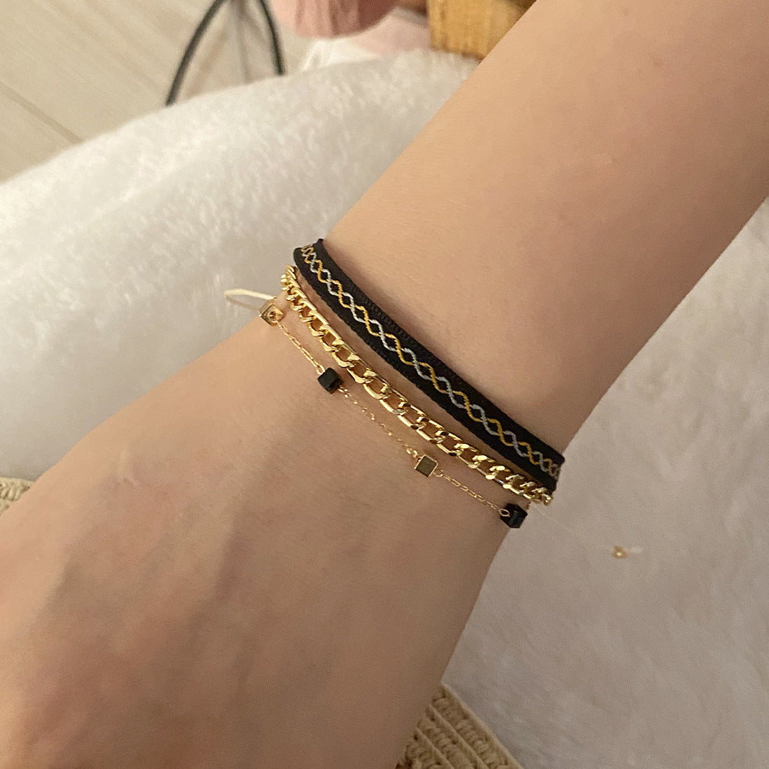 Bohemian Crystal Bracelet with Satin Ribbon Accents for Women, Electroplated Finish, White Crystal Embellished Fashion Accessory