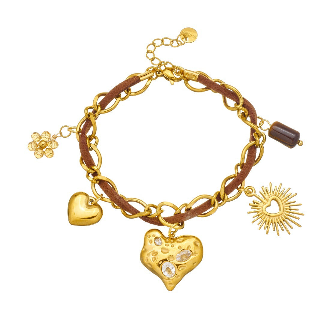 Vintage Gold Plated Stainless Steel Rhinestone Heart Flower Pendant Bracelet for Women