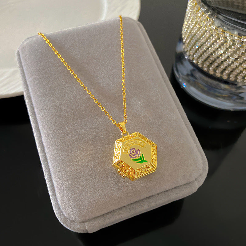 Vintage Drip Oil Floral Heart Oval Pendant Gold Plated Brass Necklace for Women