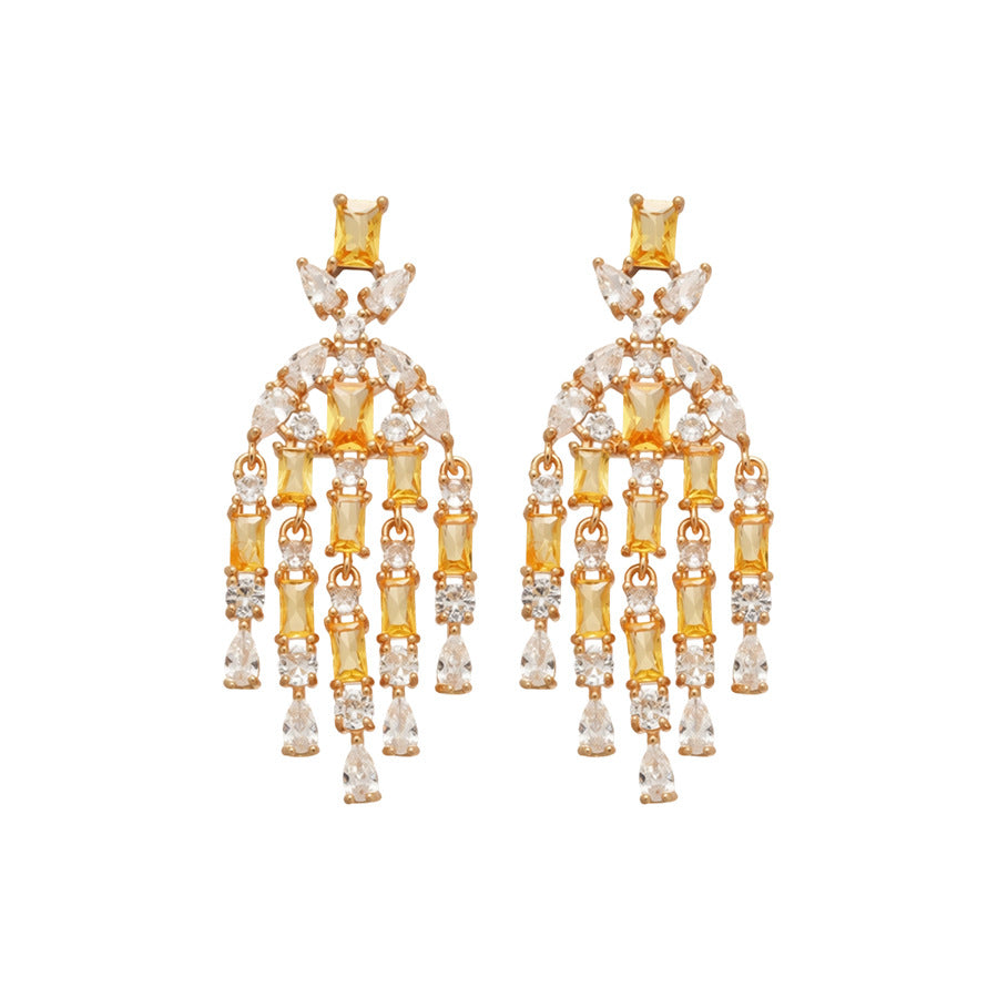Pendientes colgantes geométricos estilo corte francés con incrustaciones de circonitas y detalles de borlas para mujer