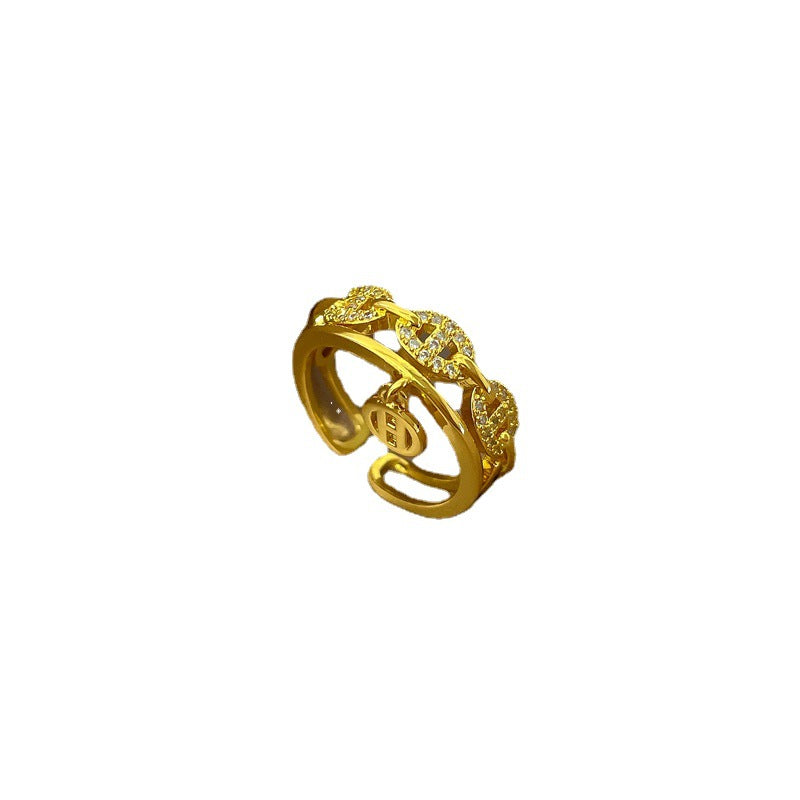 Anello coreano regolabile a fascia aperta con zirconi lucidi a forma di naso di maiale, minimalista, ispirato al design giapponese per donna
