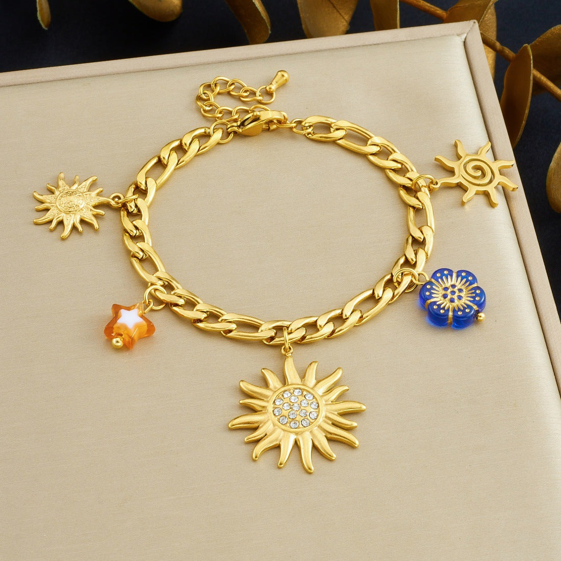 Vintage Elegant Gold Plated Rhinestone Inlaid Stainless Steel and Acrylic Sunflower Pendant Necklace and Bracelet Set for Women