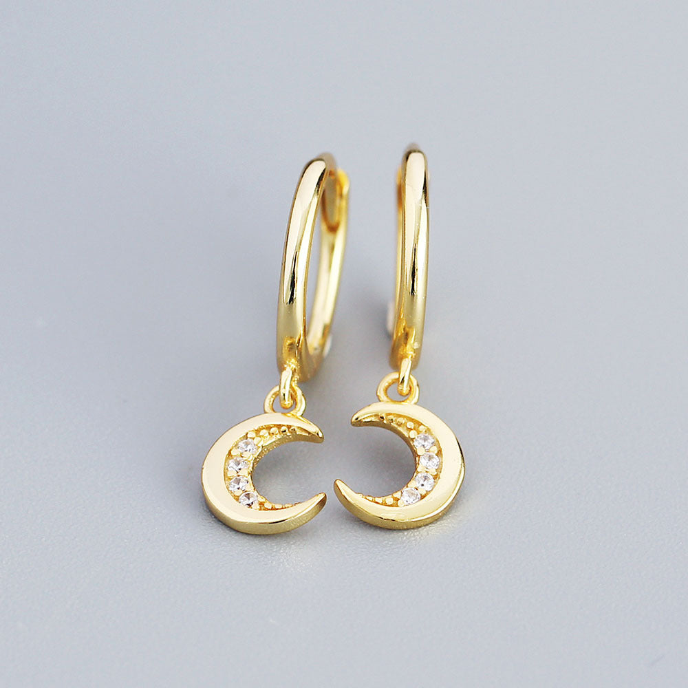 Minimalist Moon-Shaped S925 Sterling Silver Stud Earrings with Rhinestone Inlay for Women