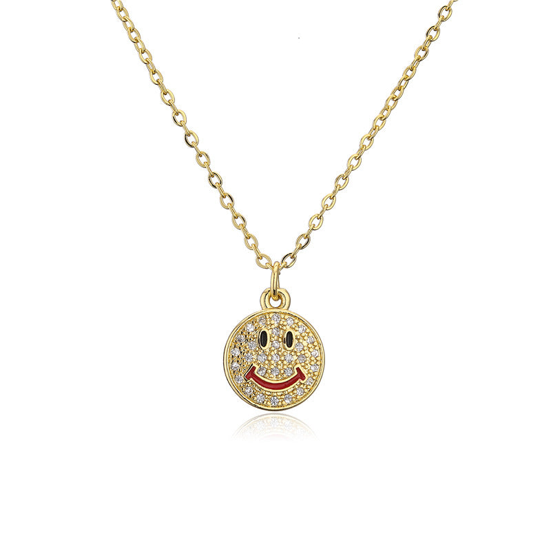 18K Gold Plated Brass Geometric Smile Face Pendant Necklace with Cubic Zirconia for Women