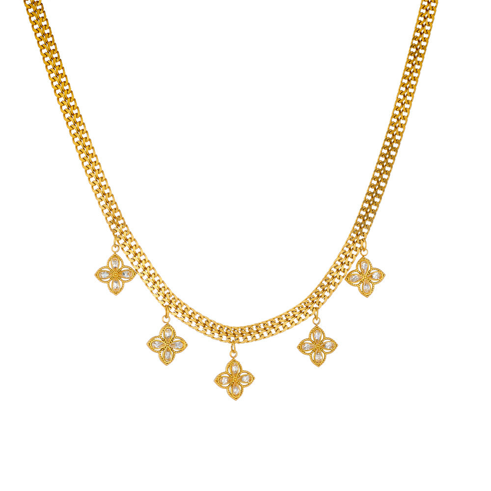 Collana con Ciondolo Trifoglio a Quattro Foglie Floreale alla Moda in Acciaio Inossidabile Placcato Oro con Catena a Serpente per Donna