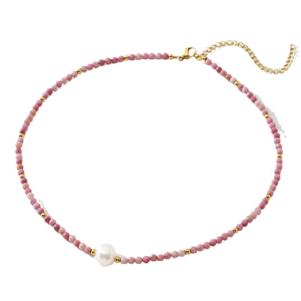 Collar minimalista francés de jaspe rojo geométrico y perlas para mujer con cadena de acero de titanio y acabado chapado
