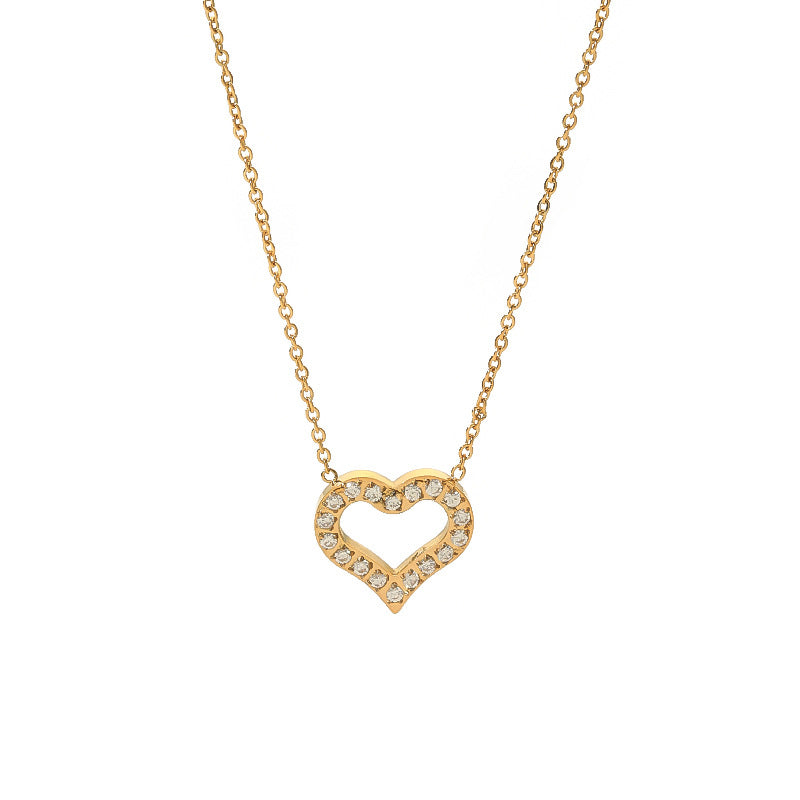 18K Gold Plated Stainless Steel Hollow Heart Pendant Necklace with Cubic Zirconia for Women