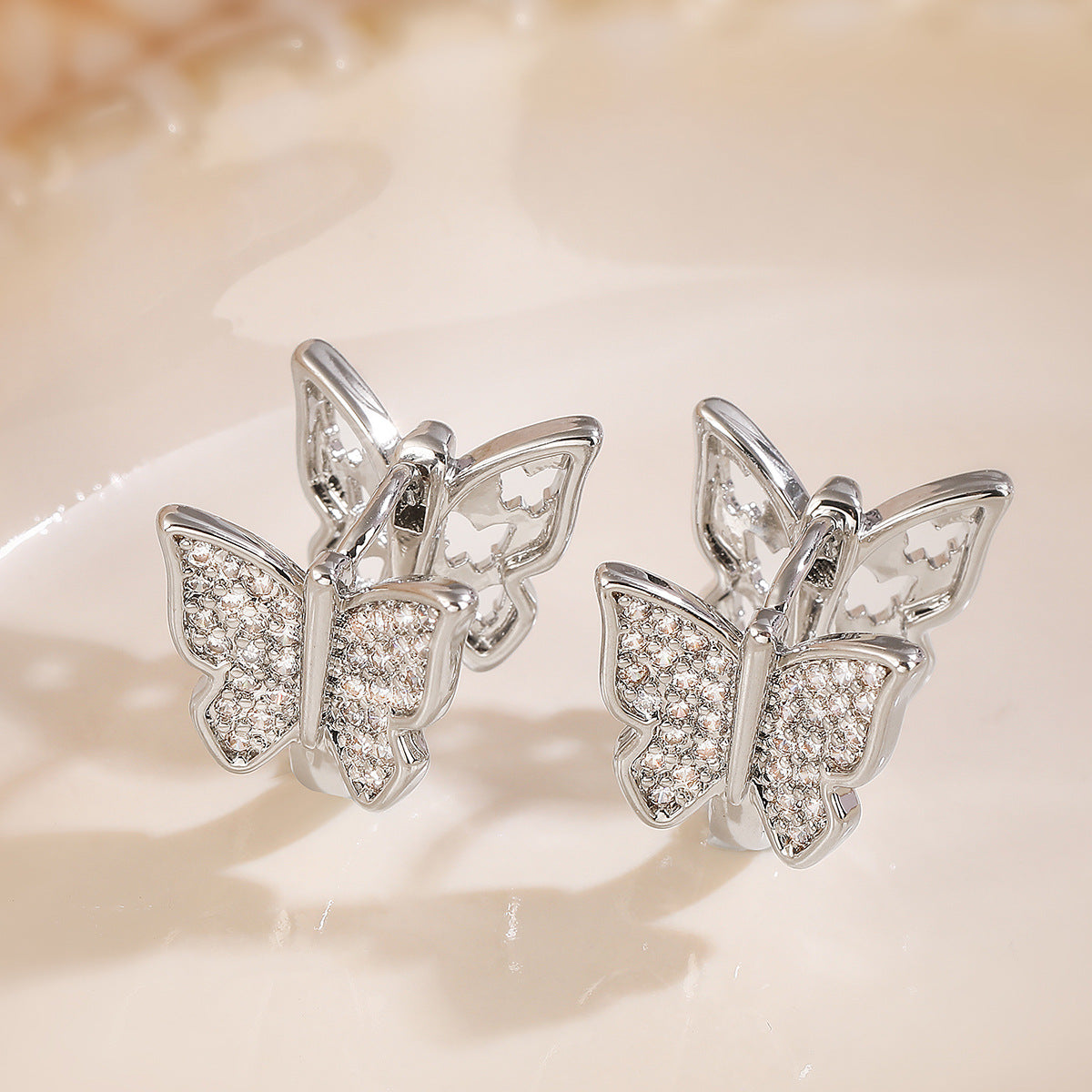 Elegant Butterfly-Shaped Hollow-Out Earrings for Women with Copper Base and 18K Gold Plating, Micro-Paved Zirconia, Geometric Design