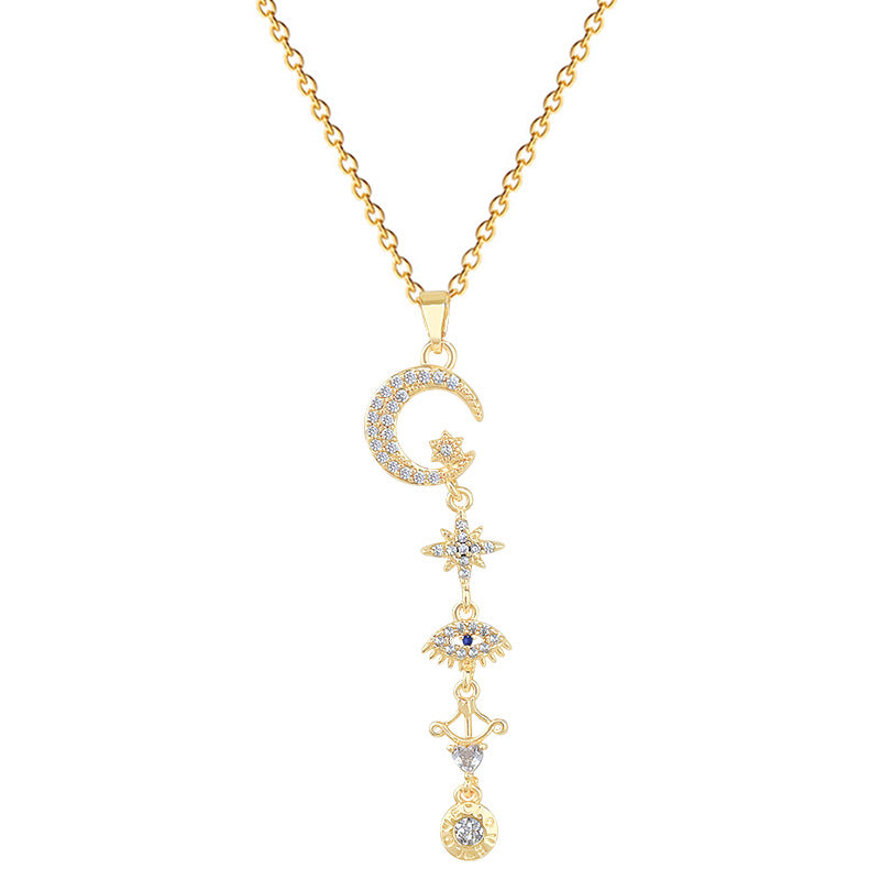 Sweet Elegant Star Moon Geometric Rhinestone Inlay Titanium Steel Necklace with Brass Pendant for Women