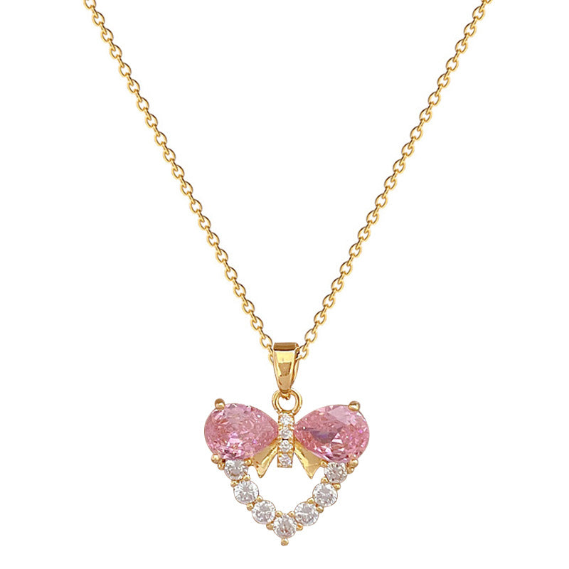 Collana da donna minimalista con fiocco e zirconi a forma di cuore, in acciaio inossidabile, catena delicata per clavicola
