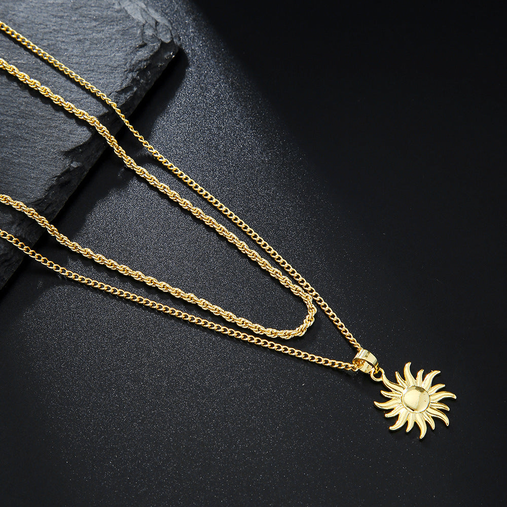 Minimalist Luxury Gold Plated Brass Geometric Sun Pendant Necklace Multi-layer Unisex