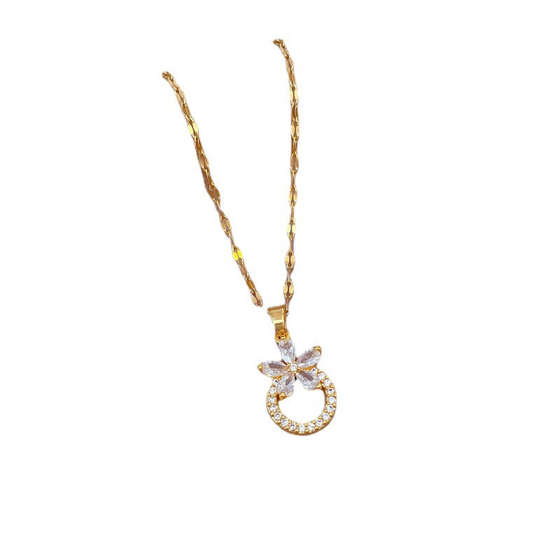 Floral Geometric Titanium Steel Clavicle Necklace with Rhinestone Inlay for Women and Men