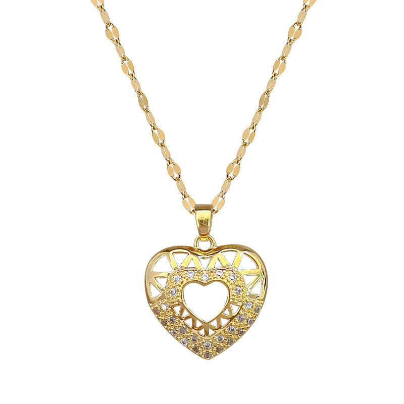 Minimalist Heart-Shaped Titanium Steel Necklace with Cubic Zirconia Inlay for Women and Men, Delicate Clavicle Chain