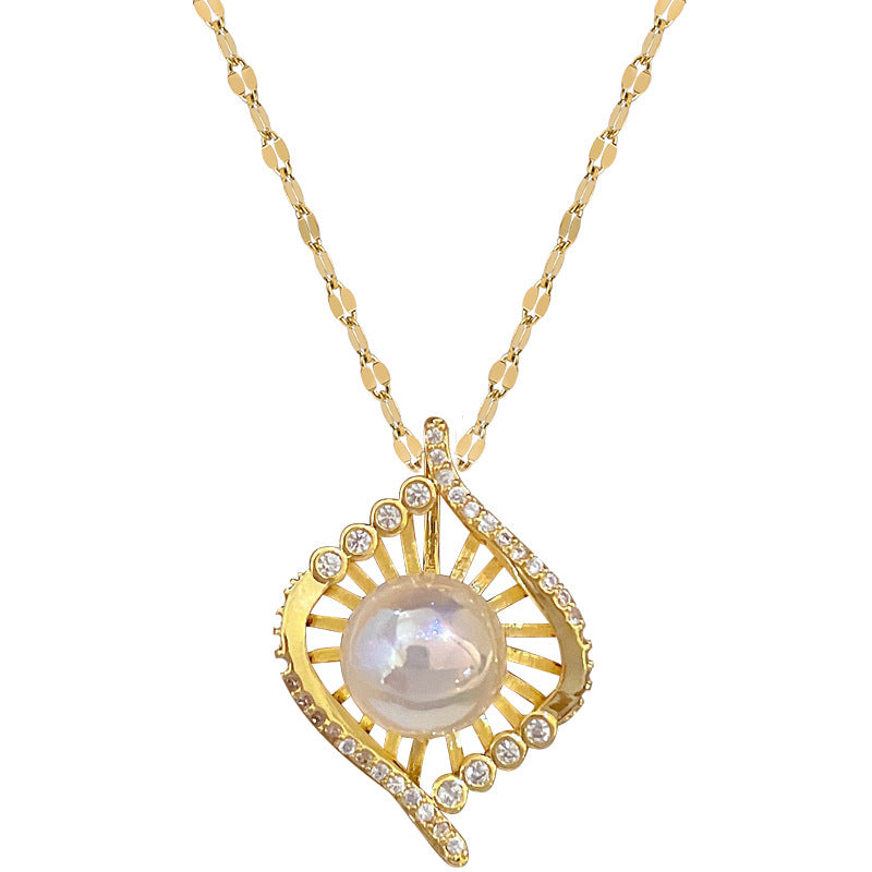 Collana con ciondolo nido di sirena geometrico minimalista da donna con catena in acciaio al titanio e strass