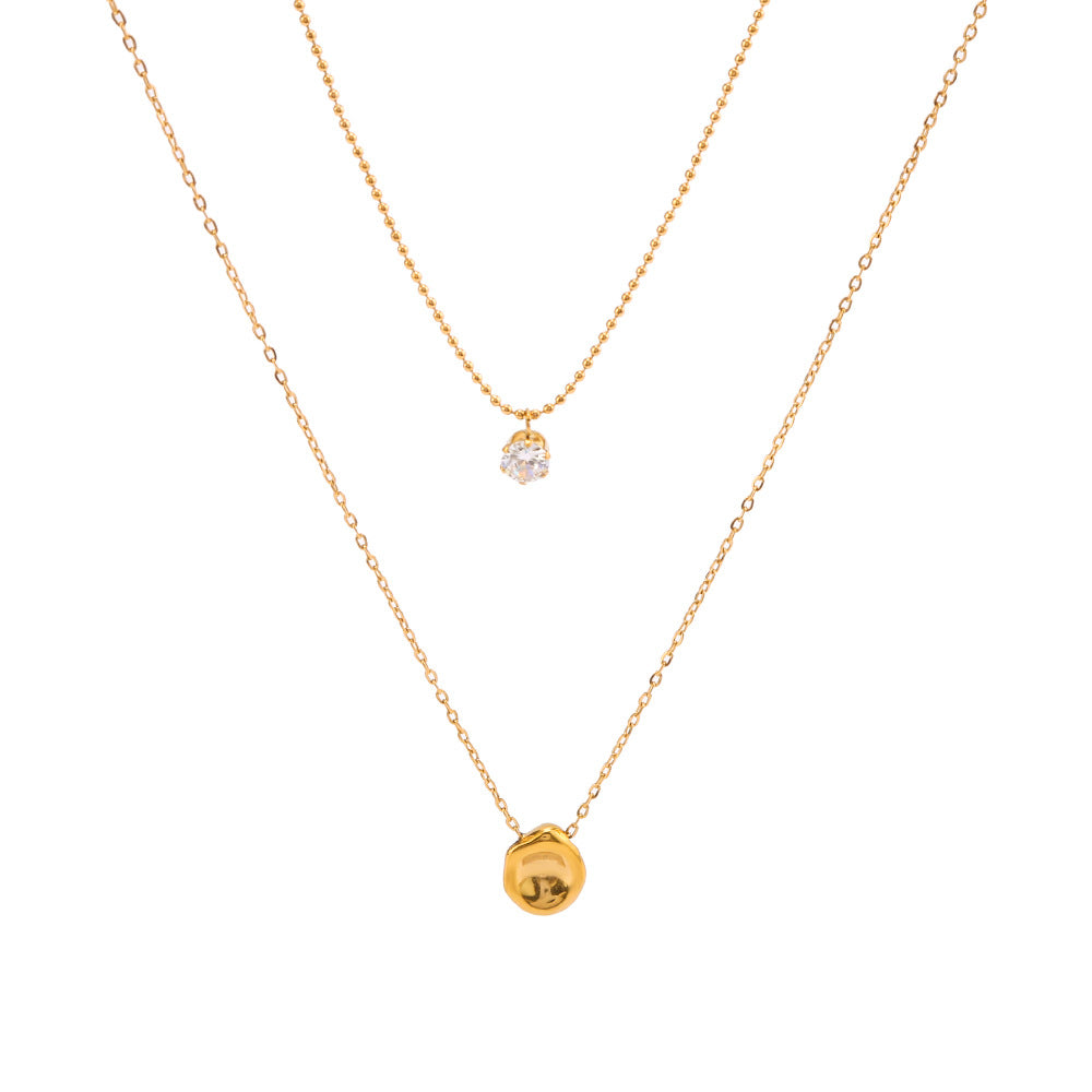 Minimalist Stainless Steel Double Layer Necklace with Titanium Steel Meteorite Crater Pendant and Rhinestone Accents on O-Chain