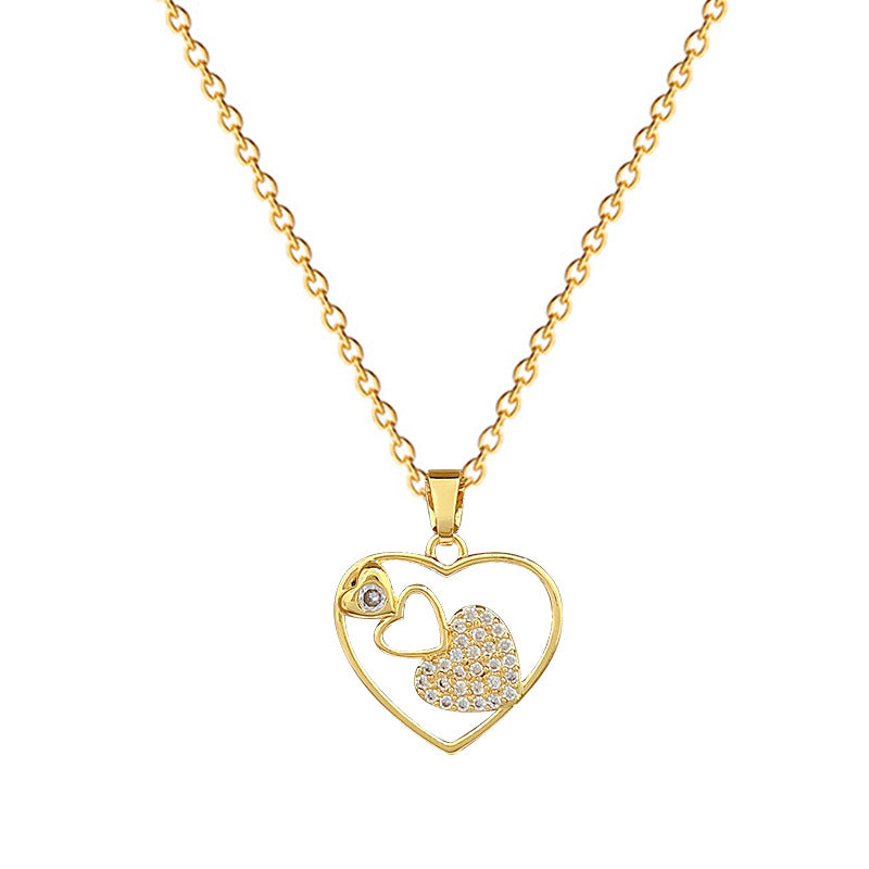Minimalist Geometric Hollow Heart Pendant Necklace for Women in Titanium Steel with Rhinestone Accents