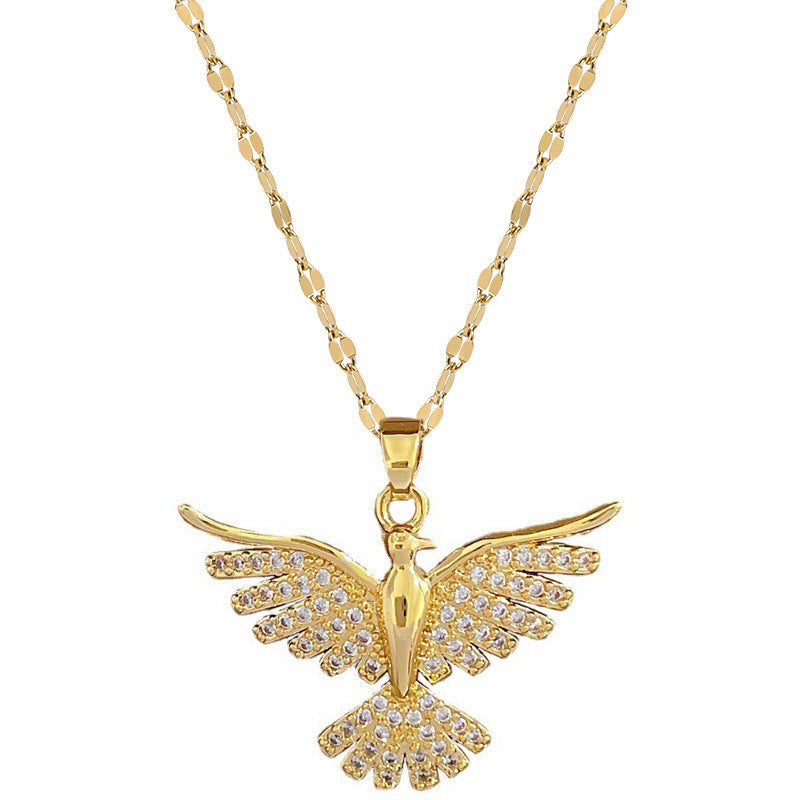 Light Luxury Geometric Phoenix Pendant Necklace for Women with Cubic Zirconia Inlay on Copper Chain