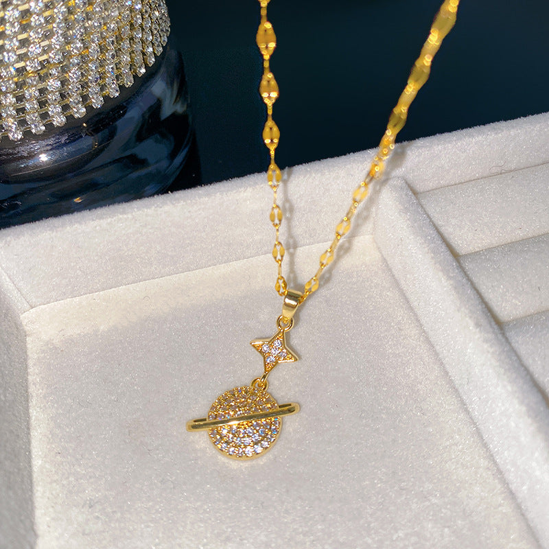 Minimalist Sweet Gold Plated Titanium Steel Planet Star Rhinestone Necklace for Unisex