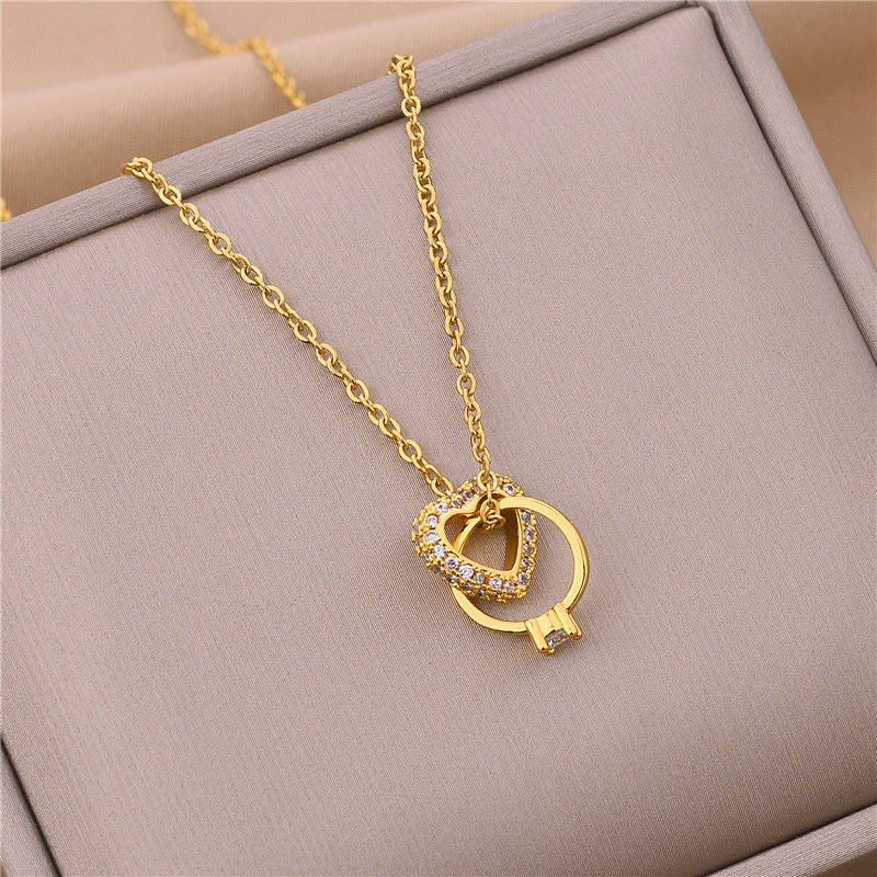 Luxury Heart-Shaped Rhinestone-Embellished Titanium Steel Necklace with Lip Chain for Women