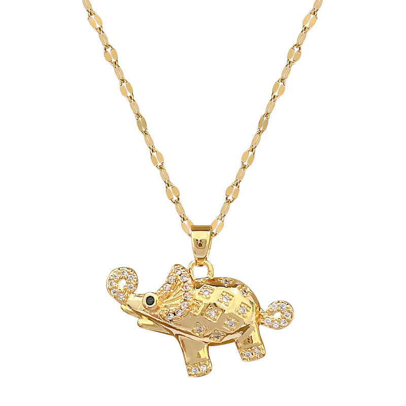 Collana con Pendente Elefante Minimalista in Acciaio al Titanio con Intarsio di Strass, Design Geometrico, Delicata Catenina per Donna e Uomo